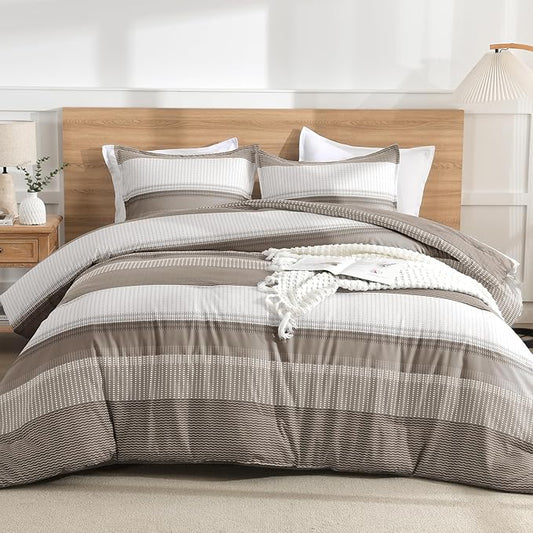 Litanika Comforter Set Full Size Hazel - 3 Pieces Lightweight Colorblock Stripe Fluffy Bedding Comforter Sets, All Season Bed Set