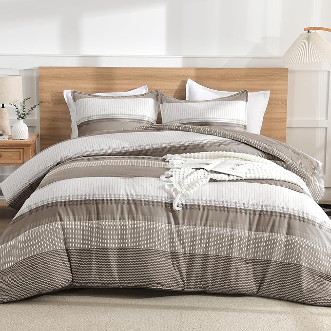 Litanika Comforter Set King Size Hazel - 3 Pieces Lightweight Colorblock Stripe Fluffy Bedding Comforter Sets, All Season Bed Set
