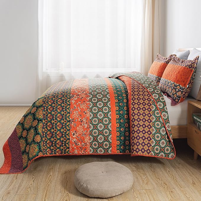 HoneiLife Quilt Sets Queen Size - 3 Pieces Microfiber Quilt Lightweight Bedspreads Wildflower Coverlets Retro Bed Cover Queen Quilt Bedding Set All Season Quilts-Pumpkin