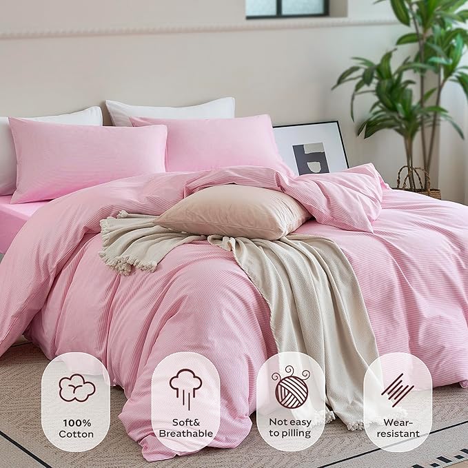 JELLYMONI 100% Natural Cotton 3pcs Striped Duvet Cover Sets,White with Pink Stripes Pattern Printed Comforter Cover,with Zipper Closure & Corner Ties(Queen Size)