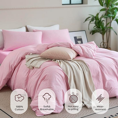 JELLYMONI 100% Natural Cotton 3pcs Striped Duvet Cover Sets,White with Pink Stripes Pattern Printed Comforter Cover,with Zipper Closure & Corner Ties(Full Size)