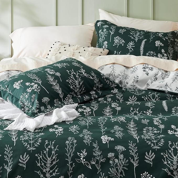 Bedsure Duvet Cover Queen Size - Reversible Emerald Green Queen Duvet Cover Set with Zipper Closure, 3 Pieces Floral Patterned Bedding Set with 8 Corner Ties and 2 Pillow Shams