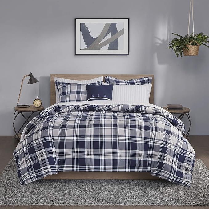 Madison Park Essentials Cozy Bed in A Bag - Reversible Comforter with Complete Sheet Set, Casual Plaid Cabin Design, All Season Cover, Decorative Pillow, Patrick Plaid Navy King(104"x92") 8 Piece