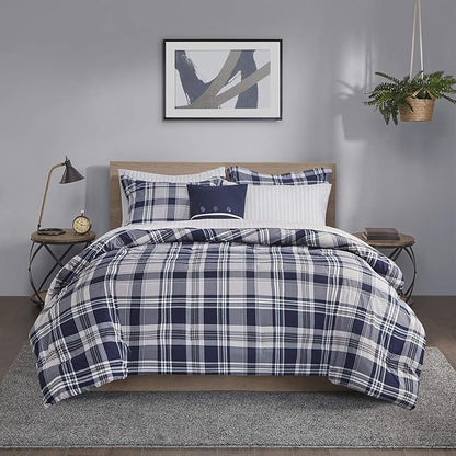 Madison Park Essentials Cozy Bed in A Bag - Reversible Comforter with Complete Sheet Set, Casual Plaid Cabin Design, All Season Cover, Decorative Pillow, Patrick Plaid Navy King(104"x92") 8 Piece