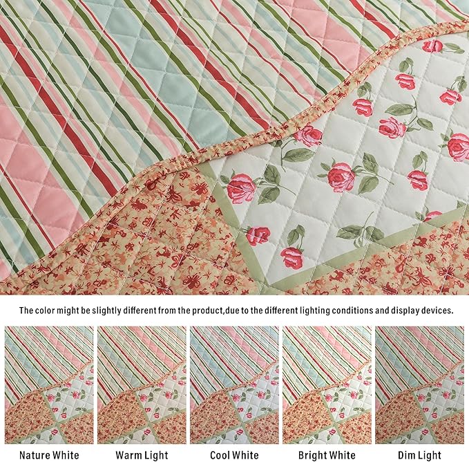 HoneiLife Queen Size Quilt Sets - Microfiber Quilt Set 3-Piece,Lightweight Bedspreads Reversible Coverlets Retro Bed Cover Floral Bedding Set, Queen Quilt Bedding Sets for All Season Use