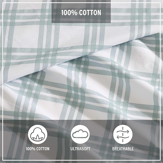 Eddie Bauer - Queen Sheets, Cotton Percale Bedding Set, Crisp & Cool Home Decor (Light Green Plaid, Queen)
