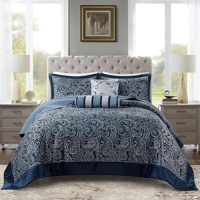 Madison Park Aubrey Reversible Quilted Bedspread Set, Solid Reverse Summer Breathable, Lightweight All Season Bedding Layer, Matching Shams, Bedspread Queen(102"x118"), Navy 5 Piece