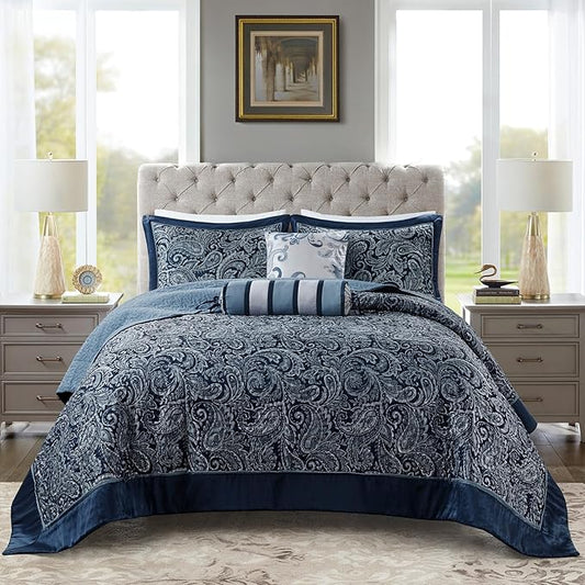 Madison Park Aubrey Reversible Quilted Bedspread Set, Solid Reverse Summer Breathable, Lightweight All Season Bedding Layer, Matching Shams, Bedspread Queen(102"x118"), Navy 5 Piece