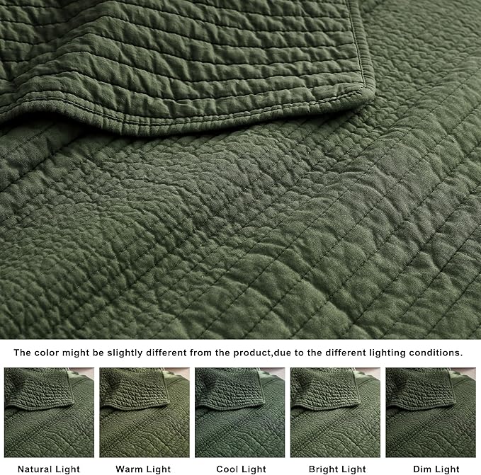 palassio Striped Olive Green 100% Cotton Quilt California Cal King Size Bedding Sets, Oversized Lightweight Channel Pick Stitch Textured Bedspread Soft Farmhouse Coverlet for All Season, 2 Shams