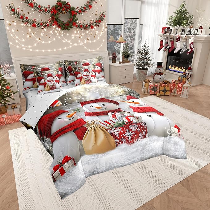 Cartoon 3D Snowman Comforter Set Bed in a Bag 7 Pieces King,Retro Farmhouse Christmas Theme Bedding Set,Witer Snow Watercolor Gifts (Comforter+Fitted+Flat Sheet+2 Pillowcases+2 Throw Pillow Covers)