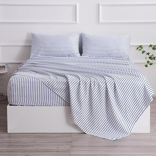 Queen Blue Striped Bed Sheet Set 4 Piece with 16-Inch Deep Pockets- Super Soft & Wrinkle Free Stripe Bed Sheets - Hotel Luxury Blue White Striped Pinstripe Bedding for All Season