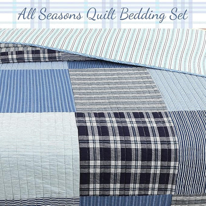Cozy Line Home Fashions Plaid Patchwork Bedding Quilt Set, Navy Blue 100% Cotton Reversible Coverlet Bedspread for Kids Teen Boy (Craver, Twin - 2 Piece)