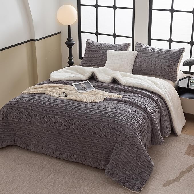 COTTEBED Sherpa Fluffy Comforter Sets King Size, Boho Tufted Bedding Down Blanket Comforter, Super Soft Polycotton Shabby Plush Fleece Sherpa Warm Medium Weight All Season Winter, Gray King/Cal King