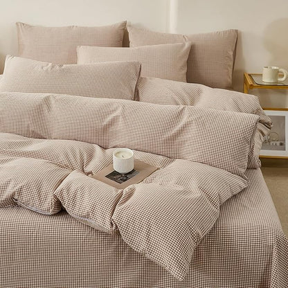 EAVD Tan Plaid Gingham Duvet Cover Full Soft 100% Washed Cotton Reversible Tan and White Plaid Duvet Cover with 2 Pillowcases Farmhouse Ginggham Bedding Set with Zipper Closure