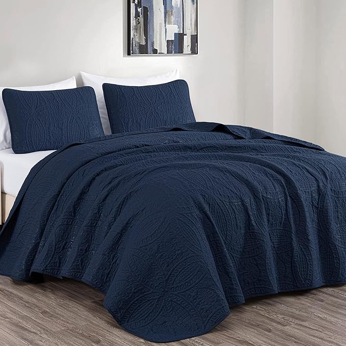 Chezmoi Collection Austin 3-piece Oversized Bedspread Coverlet Set (Queen, Navy) | Oversized, Lightweight, Fade Resistant