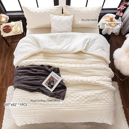 COTTEBED Sherpa Fluffy Comforter Sets KING Size Bed, Boho Tufted Cal KING Bedding Down Comforter, Lightweight Super Soft Reversible Washed Cotton Shabby Plush Fleece Sherpa All Season, Off White Ivory