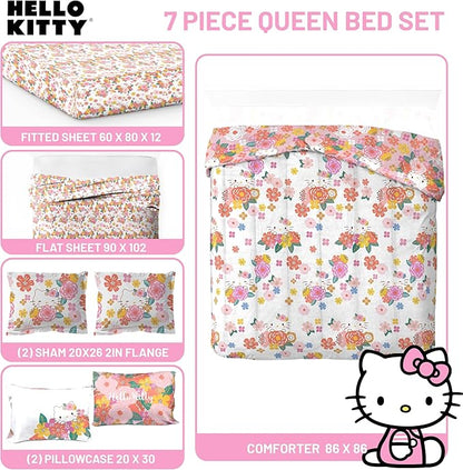 Jay Franco Hello Kitty Queen Size Comforter Set - 7 Piece Bedding Includes Sheet Set & Pillow Covers - Super Soft Floral Bedding