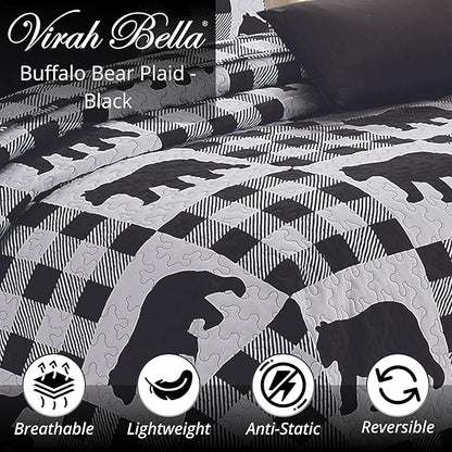 Virah Bella 3 Piece Queen Lodge Quilt Bedding Set - Buffalo Bear Plaid Black - Rustic Cabin Country Reversible Camping Comforter Set with Decorative Pillow Shams, Black/White