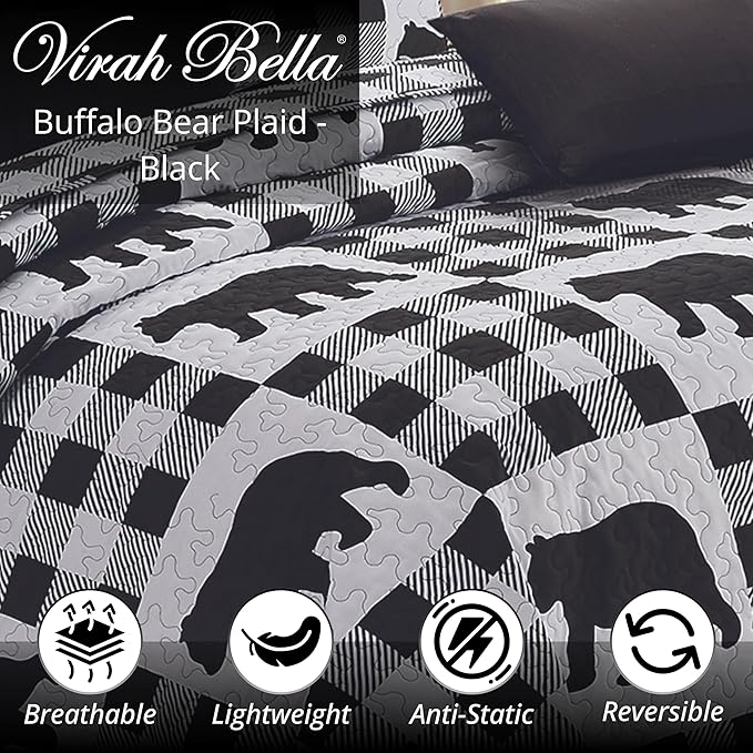Virah Bella 3 Piece King Lodge Quilt Bedding Set - Buffalo Bear Plaid Black - Rustic Cabin Country Reversible Camping Comforter Set with Decorative Pillow Shams, Black/White