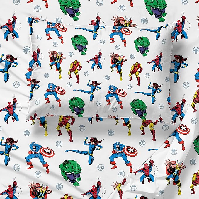 Jay Franco Kids Sheet Set with Fitted, Flat Sheets & Pillow Cover - Ultra-Soft Bedding with Pillowcase for Room Decor, White - Avengers, 3 Piece Twin