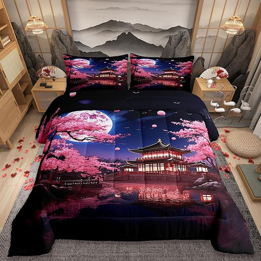 Pink Cherry Blossoms Comforter Set Queen Size,Japanese Style Building View Bedding Set for Kids Girls Women Men Bedroom Decor,Night Moon Quilt Set Romantic Exotic Duvet Insert,2 Pillowcases