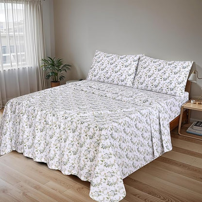 RUVANTI 100% Cotton Sheets – Queen Size Percale Bedding, Cooling & Breathable Floral Design, Durable with a Crisp, Soft & Comfortable Feel, 16" Deep Pocket, 4-Piece Set, Heritage