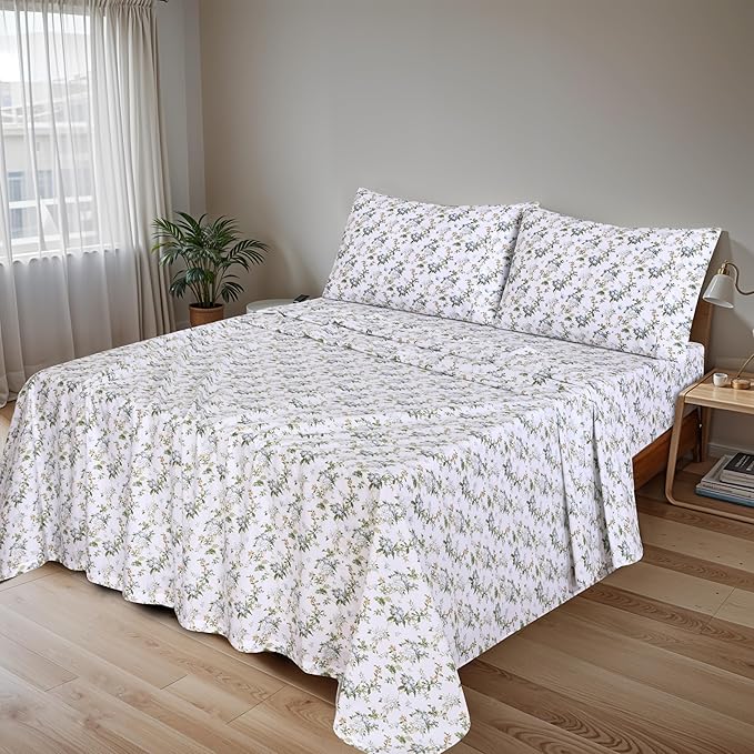 RUVANTI 100% Cotton Sheets – King Size Percale Bedding, Cooling & Breathable Floral Design, Durable with a Crisp, Soft & Comfortable Feel, 16" Deep Pocket, 4-Piece Set, Heritage