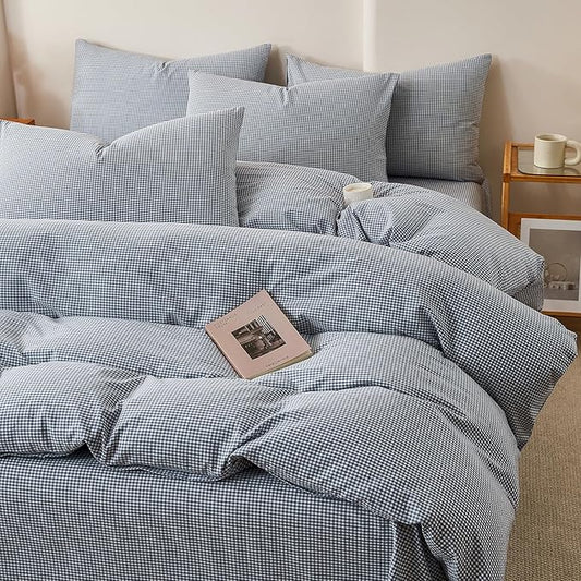 EAVD Modern Style Gingham Duvet Cover Full Soft 100% Washed Cotton Blue and White Plaid Duvet Cover Set with 2 Pillowcases Reversible Farmhouse Geometric Checkered Bedding Set with Zipper