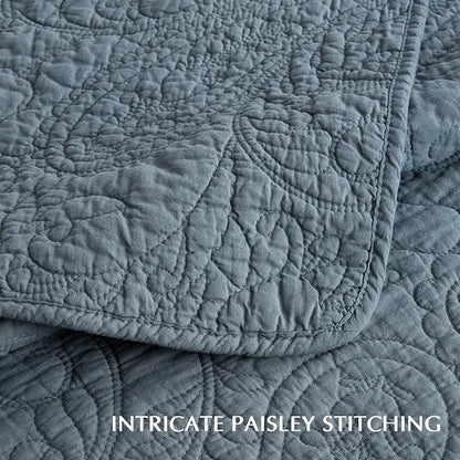 EVERGRACE 100% Cotton Paisley Quilt Set, Queen Size 3 Piece Set – Prewashed Lightweight Bedspread with 2 Shams, Soft & Breathable Matelasse Coverlet for All-Season Comfort, Stormy Blue