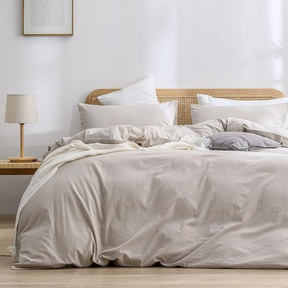 BESTOUCH Duvet Cover Set 100% Washed Cotton Linen Feel Super Soft Comfortable Chic Lightweight 3 PCs Home Bedding Set Solid Linen Grey Super Queen