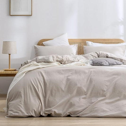 BESTOUCH Duvet Cover Set 100% Washed Cotton Linen Feel Super Soft Comfortable Chic Lightweight 3 PCs Home Bedding Set Solid Linen Grey Super Queen