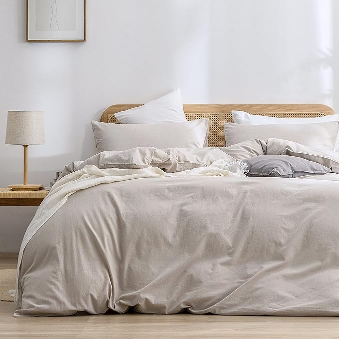 BESTOUCH Duvet Cover Set 100% Washed Cotton Linen Feel Super Soft Comfortable Chic Lightweight 3 PCs Home Bedding Set Solid Linen Grey Oversized King