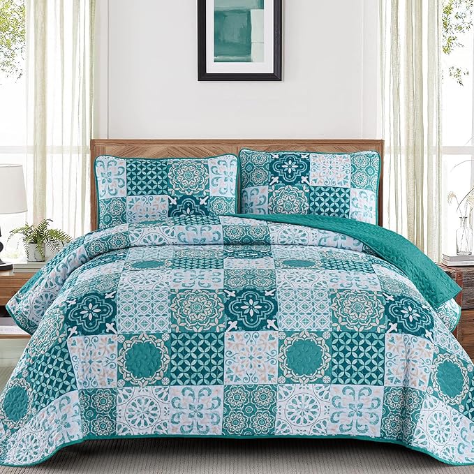Dobuyly Teal Quilt Set King Size, Boho Turquoise Plaid Patchwork Bedspreads Coverlet Set, 3 Pieces Soft Lightweight Microfiber Bohemian Quilt Bedding Set for All Seasons 110"x90"