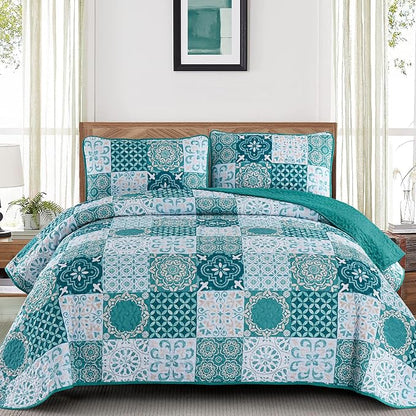 Dobuyly Teal Quilt Set King Size, Boho Turquoise Plaid Patchwork Bedspreads Coverlet Set, 3 Pieces Soft Lightweight Microfiber Bohemian Quilt Bedding Set for All Seasons 110"x90"