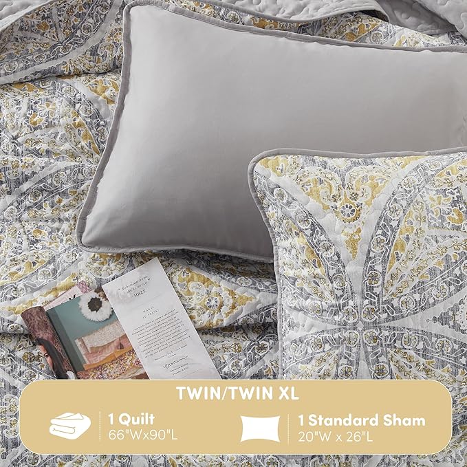 Comfort Spaces Boho Quilt Set Twin Reversible Vermicelli Quilting Twin Size Bed, All Season, Lightweight, Coverlet Winter Layer Bedding, Shams, Gloria, Twin/Twin XL Grey/Yellow 2 Piece