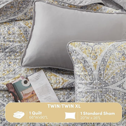 Comfort Spaces Boho Quilt Set Twin Reversible Vermicelli Quilting Twin Size Bed, All Season, Lightweight, Coverlet Winter Layer Bedding, Shams, Gloria, Twin/Twin XL Grey/Yellow 2 Piece
