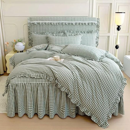 mixinni Vintage Green Gingham Ruffle Comforter Set 3-Piece Washed Cotton Full Size Grid Bedding Set with Geometric Checkered Pattern, Farmhouse Chic Soft Fluffy Comforter for All-Season
