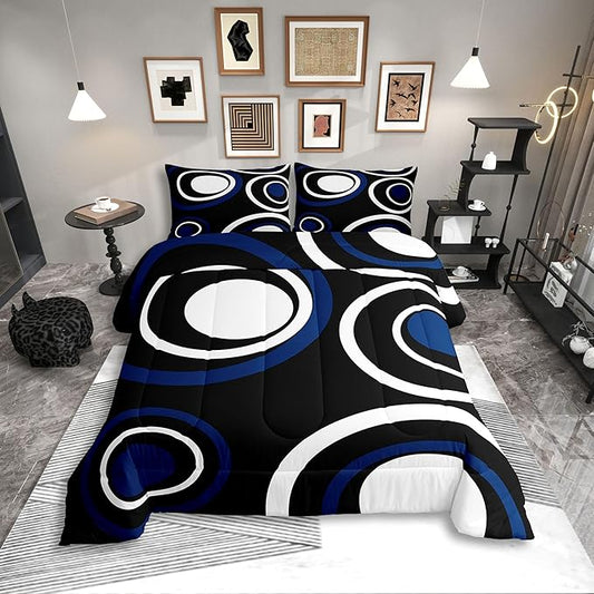 Erosebridal Black Blue Vortex King Bedding Set Chic Geometric Abstract Mens Comforter Set for Adult Women Men Striped Aesthetic Circles Bed Collections Boho Modern Duvet Quilt Sets