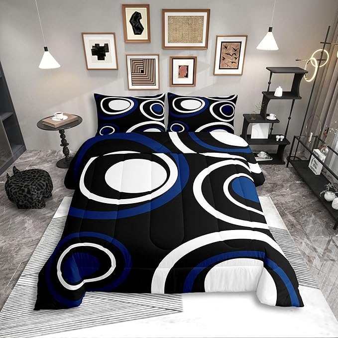 Erosebridal Black Blue Vortex Bedding Set Full Size Chic Geometric Abstract Mens Comforter Set for Adult Women Men Striped Aesthetic Circles Bed Sets Boho Modern Duvet Quilt Sets