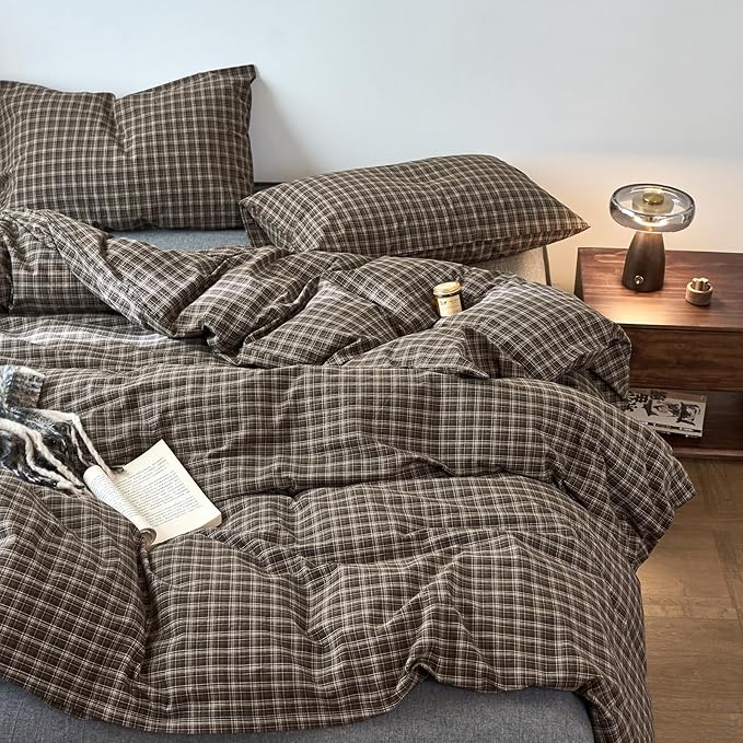 EAVD Vintage Style Dark Grey Gingham Plaid Duvet Cover Queen 100% Washed Cotton Like Linen Feel Soft 3-Piece Grid Plaid Bedding Set with 2 Pillowcases Reversible Geometric Duvet Cover with Zipper