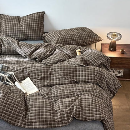 EAVD Vintage Style Dark Grey Gingham Plaid Duvet Cover Queen 100% Washed Cotton Like Linen Feel Soft 3-Piece Grid Plaid Bedding Set with 2 Pillowcases Reversible Geometric Duvet Cover with Zipper