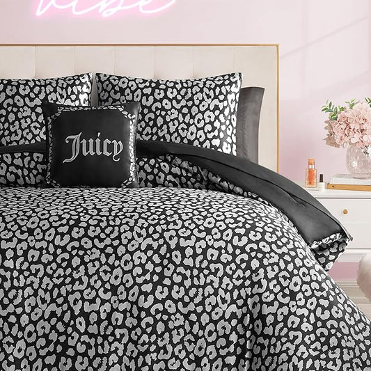 Juicy Couture Modern Black Leopard Satin King Comforter Set - Luxury Bed in a Bag – Soft & Stylish 8-Piece Bedding Collection