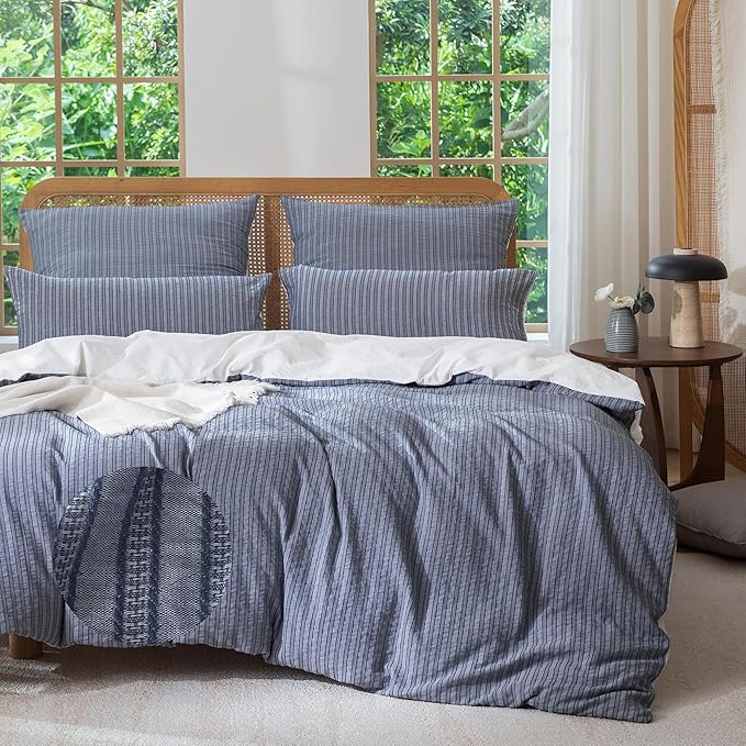 MILDLY Jacquard Stripe Duvet Cover - Navy Blue 100% Washed Cotton Boho Textured Comforter Cover Set with Zipper Closure 104"x90"