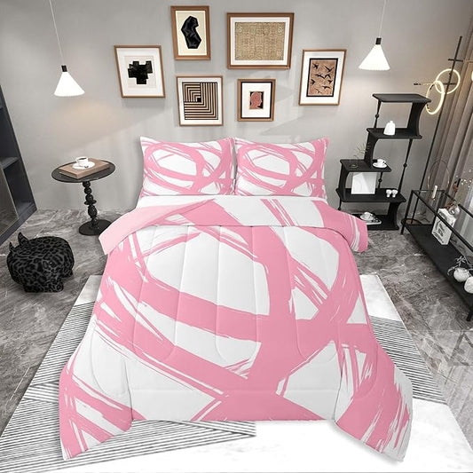 Erosebridal Pink and White Abstarct Queen Comforter Set for Adult Women Men, Geometric Striped Bedding Set for Minimalists,Graffiti Aesthetic Lines Quilt,Contemporary Boho Modern Art Duvet Insert