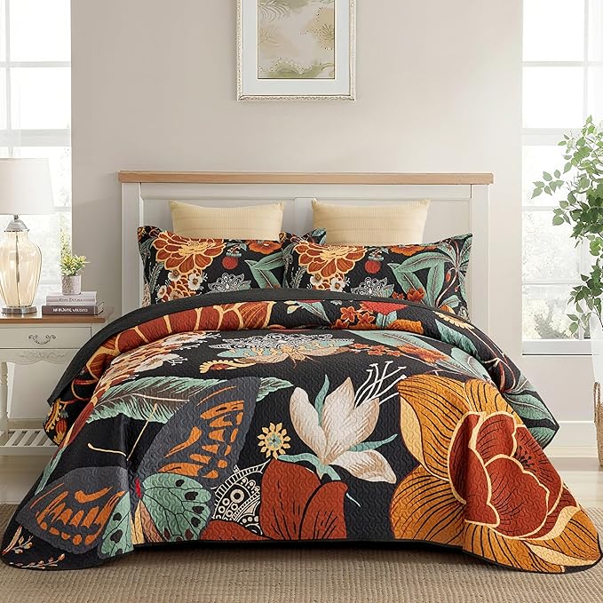 3 Piece Black Boho Floral Full/Queen Quilt Sets Reversible Farmhouse Botanical Lightweight Bedspread Coverlet with 2 Shams Butterfly Microfiber Bedding Quilts Set for All Season, 90''x96''