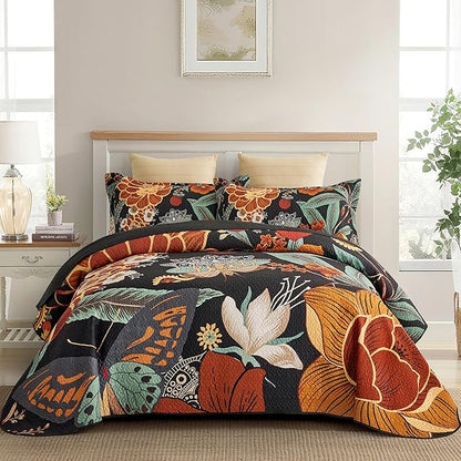 3 Piece Black Boho Floral Full/Queen Quilt Sets Reversible Farmhouse Botanical Lightweight Bedspread Coverlet with 2 Shams Butterfly Microfiber Bedding Quilts Set for All Season, 90''x96''