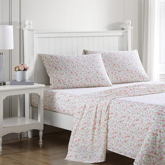 Laura Ashley - King Sheets, Cotton Percale Bedding Set, Lightweight & Breathable Home Decor (Norella Pink, King)
