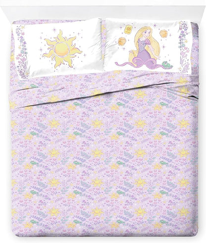 Jay Franco Kids Sheet Set with Fitted, Flat Sheets & Pillow Cover - Ultra-Soft Bedding with Pillowcase for Room Decor, Purple - Disney Princess Rapunzel, 4 Piece Queen