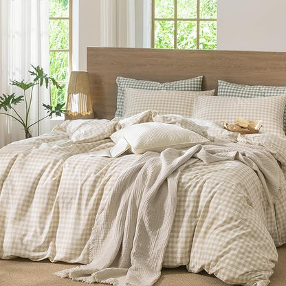 MooMee Gingham Duvet Cover Set 100% Washed Cotton Linen Like Textured Breathable Durable Soft Comfy Modern Checkered Design (Almond Milk Grey Gingham, Super King 108"x98")