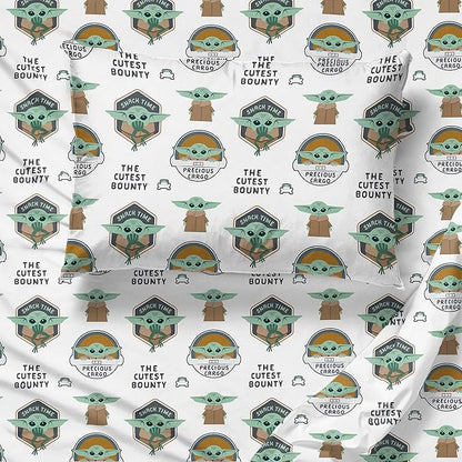 Jay Franco Kids Sheet Cartoon Set with Fitted, Flat Sheets & Pillow Cover - Ultra-Soft Bedding with Pillowcase for Room Decor, White - Mandalorian, 4 Piece Full